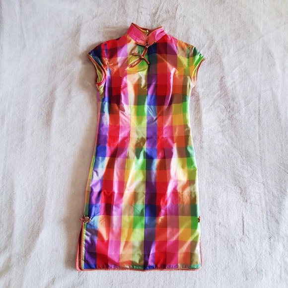 rainbow square gingham traditional Chinese retro bodycon Cheongsam Qipao dress - Picture 2 of 4